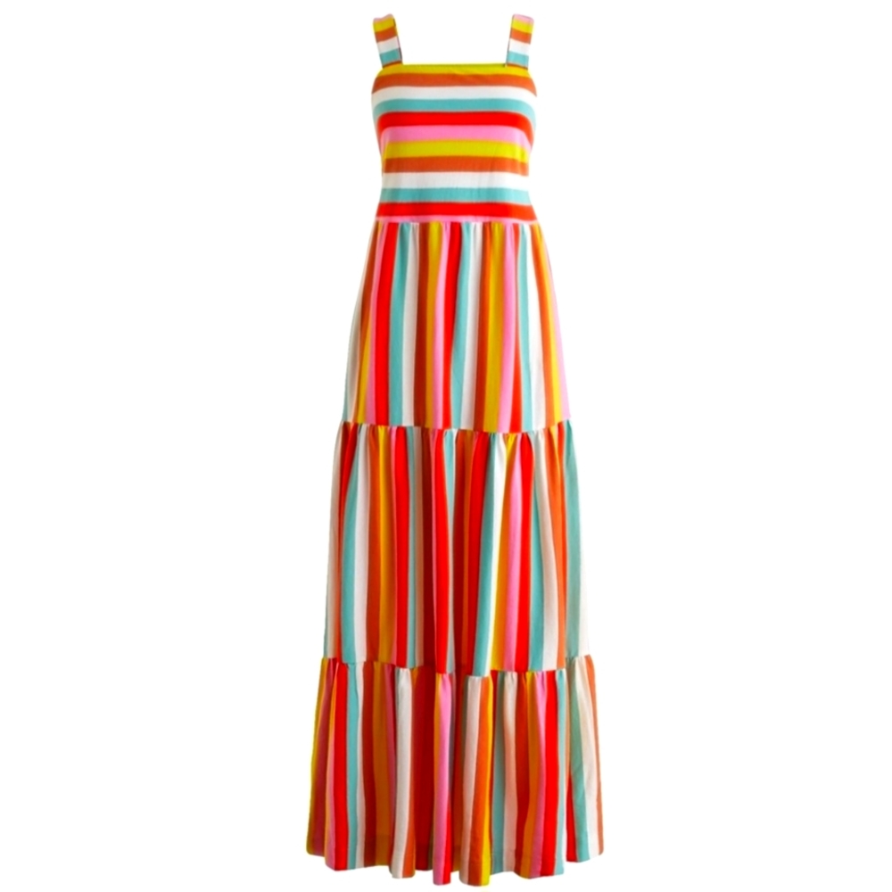 NWT J. Crew Tiered Maxi Dress in Rainbow Stripe.